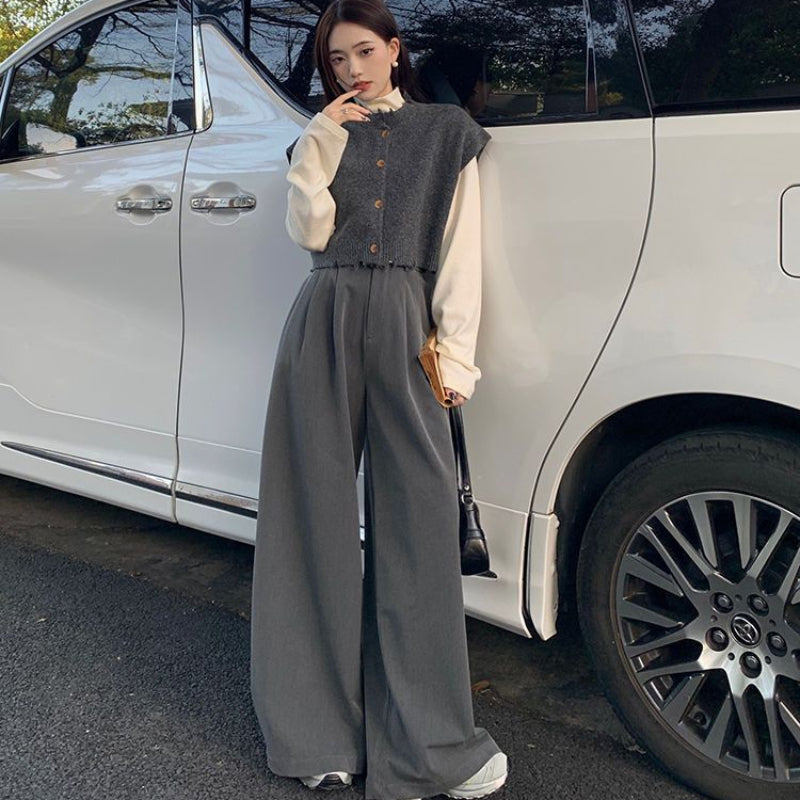 ハイネック×ベスト×ワイドパンツコーデセット