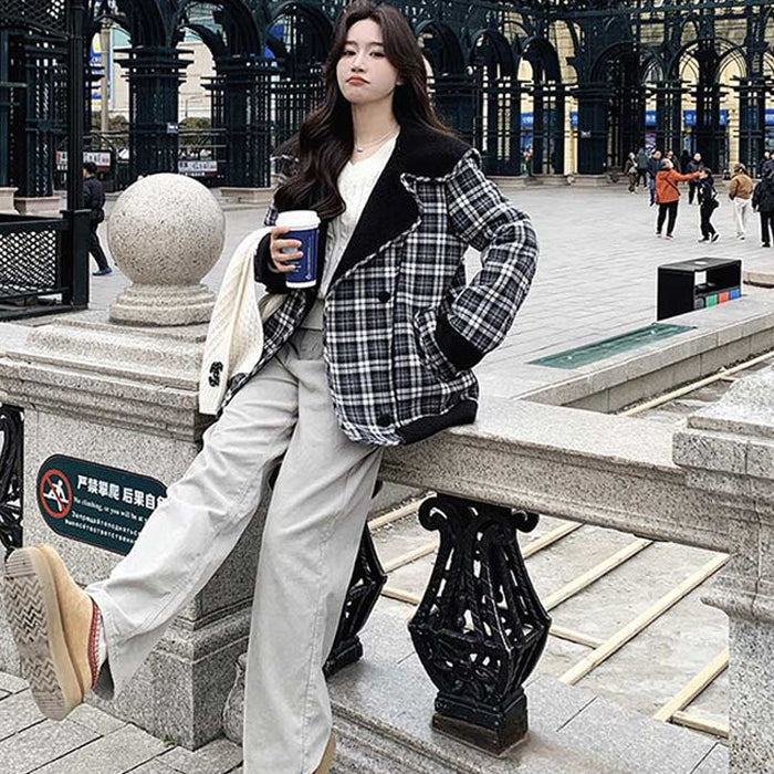 ボア裏ビッグカラーチェックコート