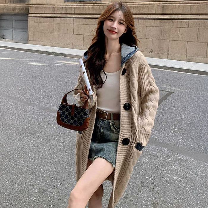 フード付きケーブルロングカーディガン
