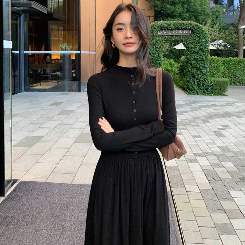 フロントボタンマキシワンピース（黒）秋/冬 都会的な空気感