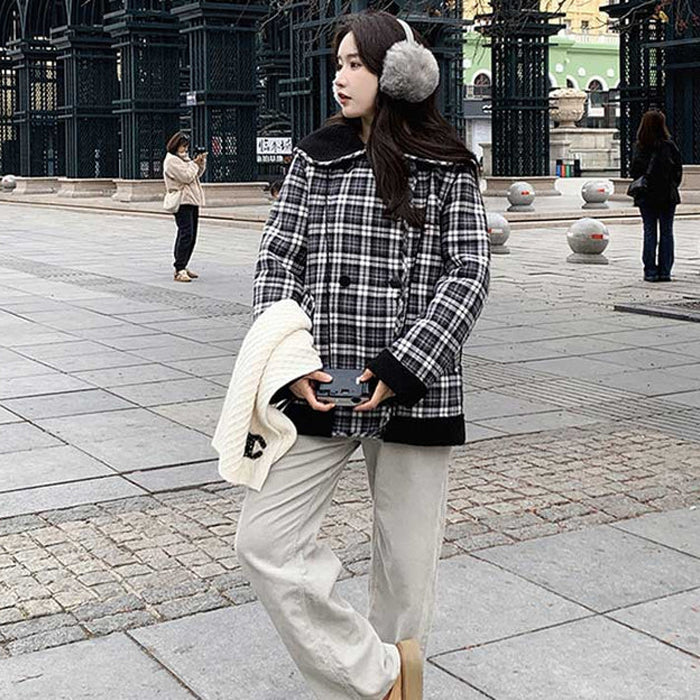 ボア裏ビッグカラーチェックコート