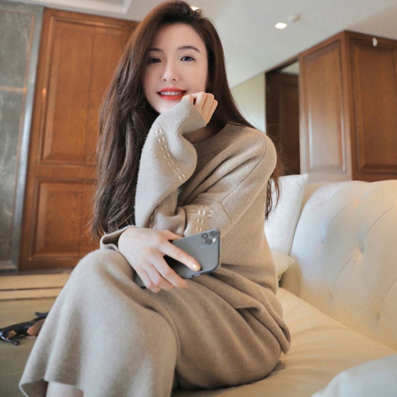 ステッチスリーブニット×スカートツーピースセット(3colors)