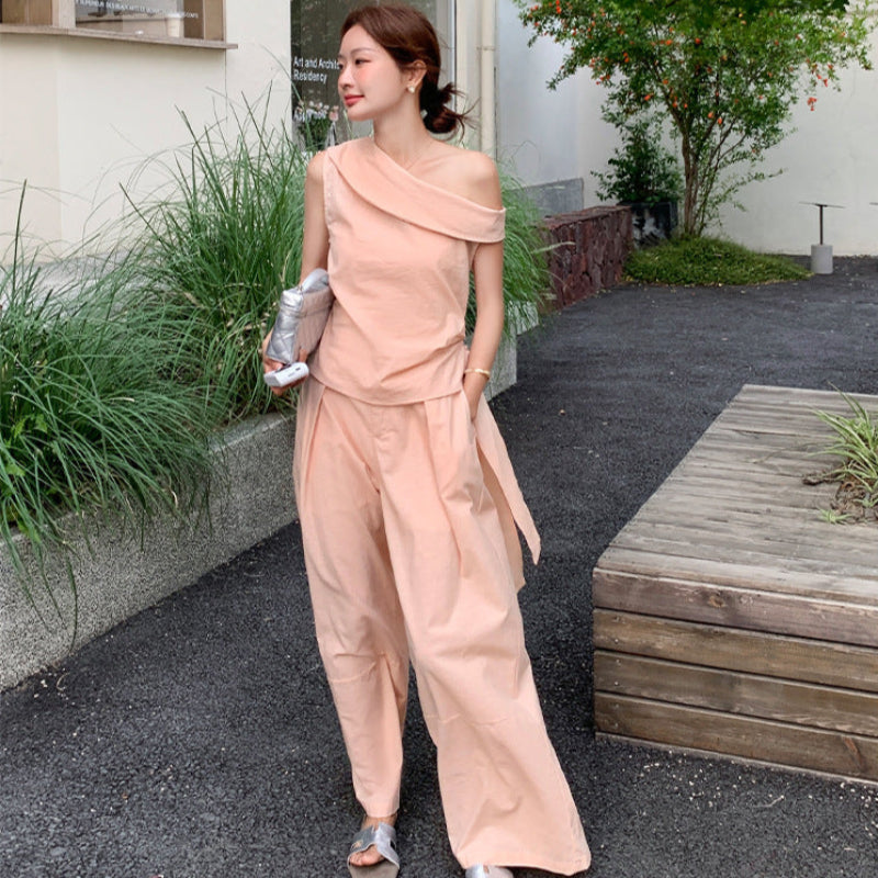 オフショルダートップス×ワイドパンツ