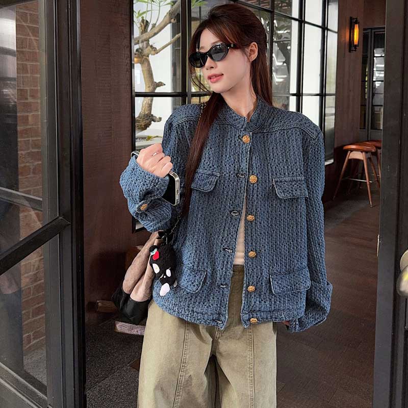 デニム風ノーカラージャケット