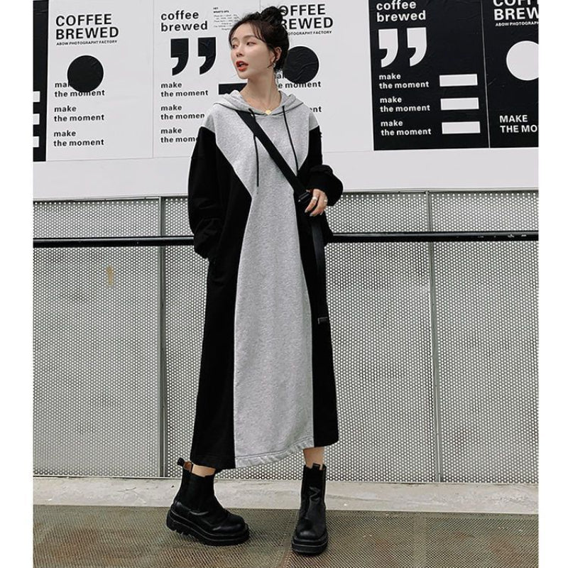 バイカラーパーカーワンピース (灰・黒) 秋/冬/春 L～3XL 着やせ効果