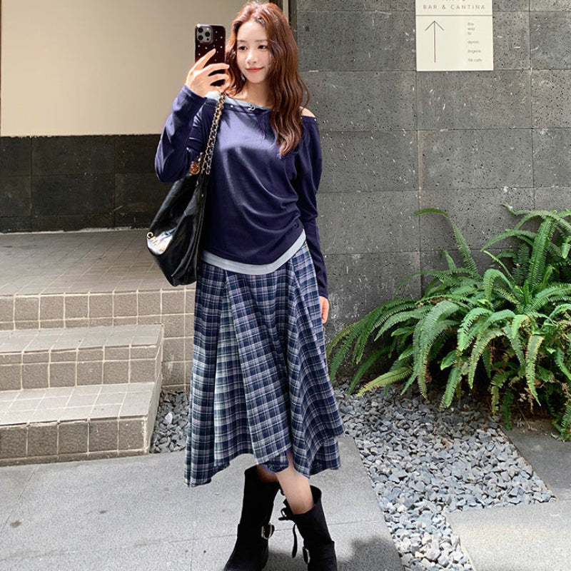 レイヤードトップス×チェックスカートセット(2colors)（茶・紺