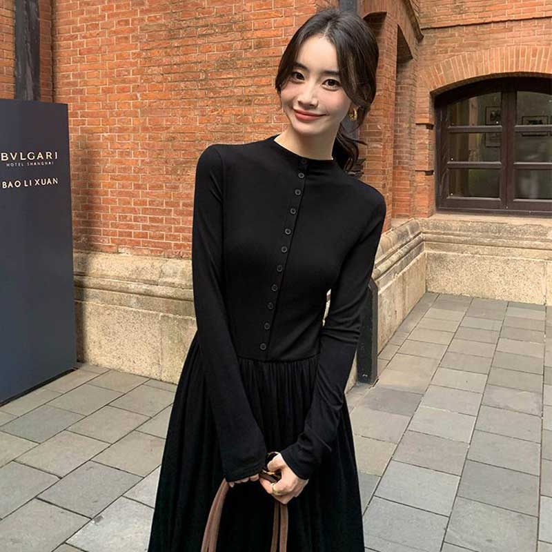 フロントボタンマキシワンピース（黒）秋/冬 都会的な空気感