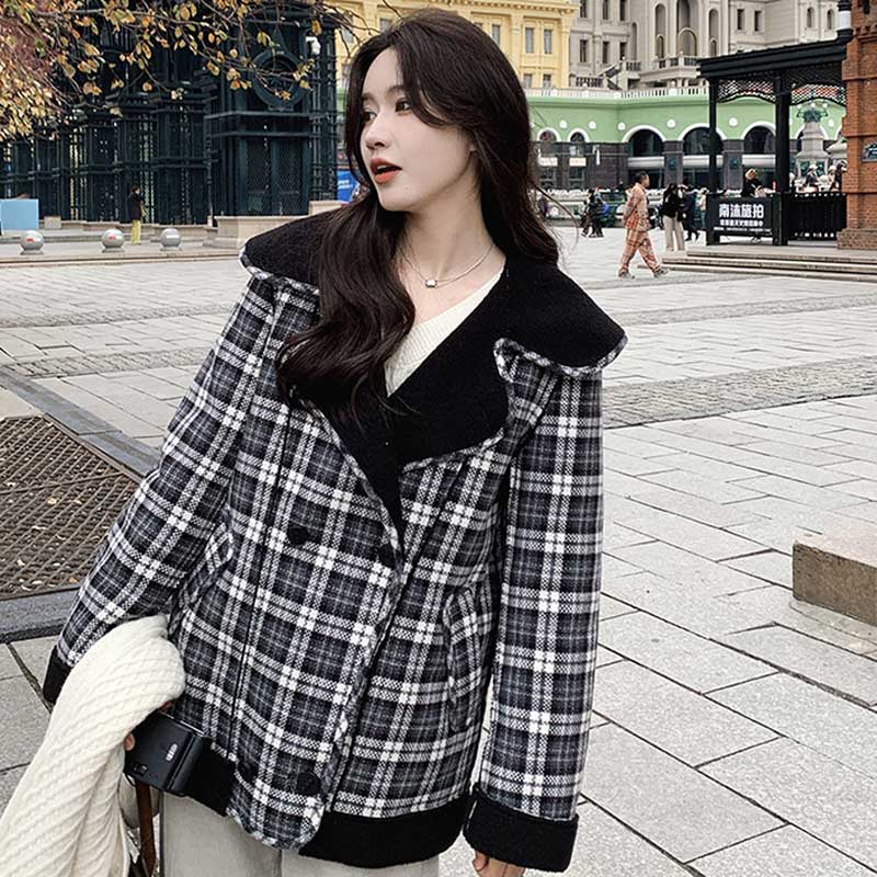 ボア裏ビッグカラーチェックコート