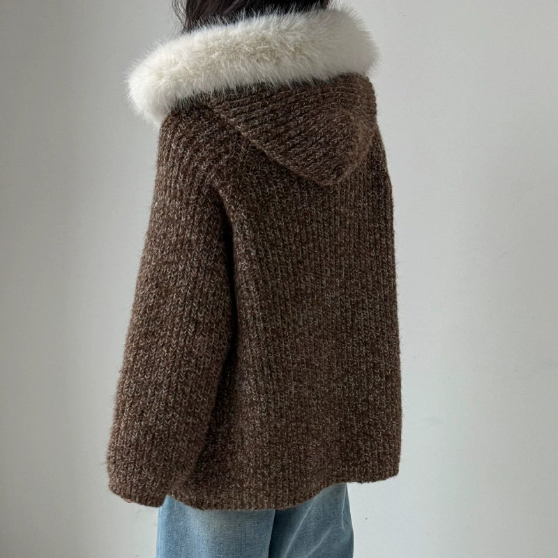 ファーフード付ニットカーディガン(2colors)