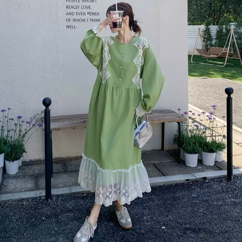 レースステッチロングスリーブワンピース(緑)春/夏 若草色の レースステッチロングスリーブワンピース(緑)春/夏 若草色の