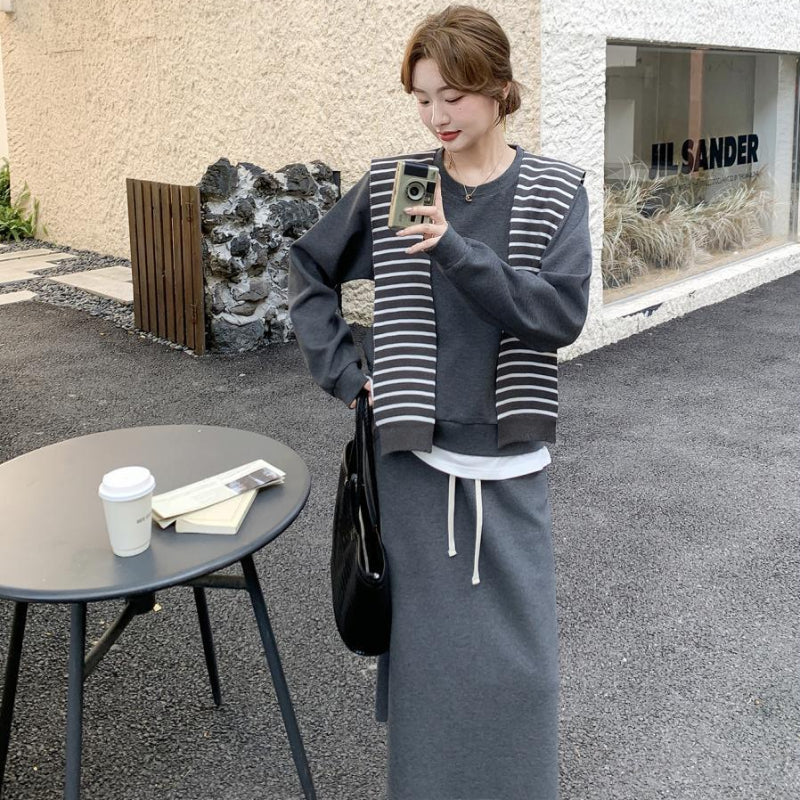 ボーダーショール付きスウェット×スカートセットアップ(2colors)