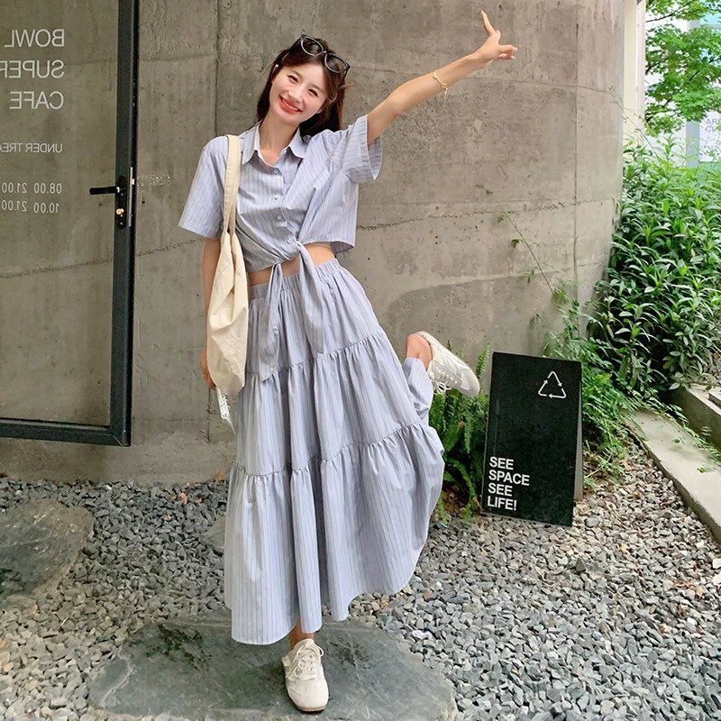 ストライプシャツ×ティアードスカートセットアップ