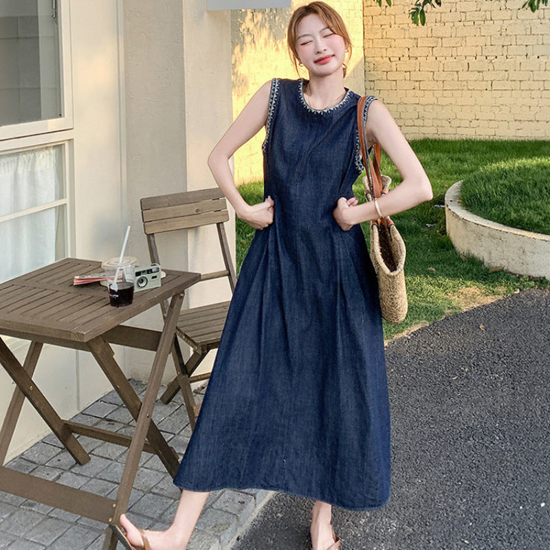 ステッチデザインノースリーブデニムワンピース （紺） 春/夏/秋