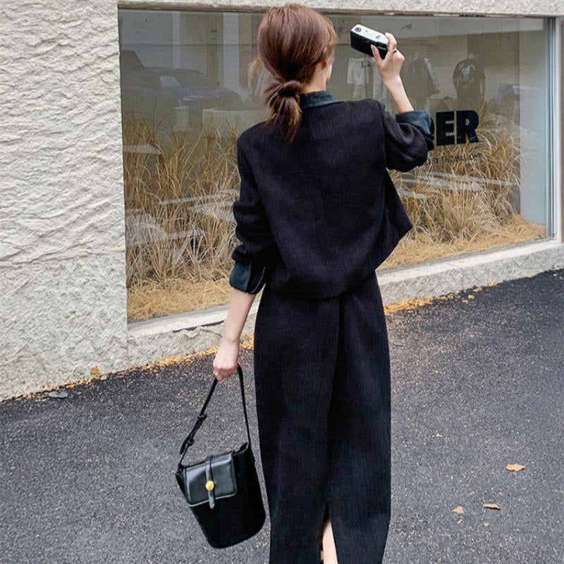 コーデュロイフェイクジャケット×スカートセットアップ（青）秋/冬