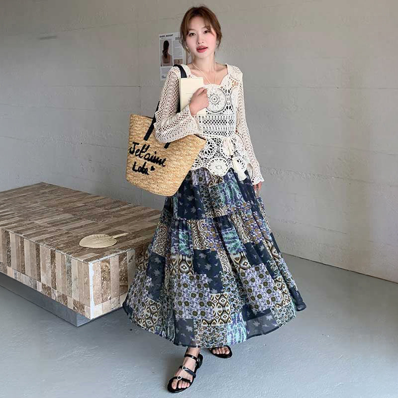 かぎ編みトップス×パッチワークワンピース