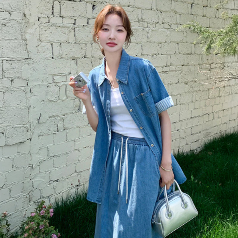 デニムシャツ×スカートセットアップ