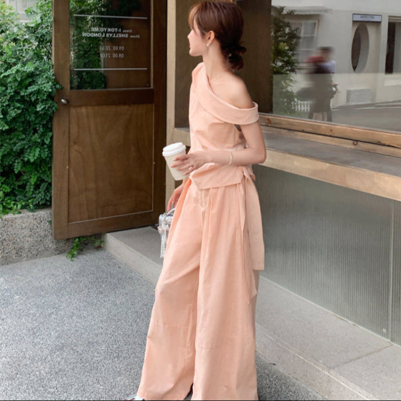 おしゃれ パンツ オフショルダー セット トップス set】オフショルダーニットトップス×ショートパンツセット N2884
