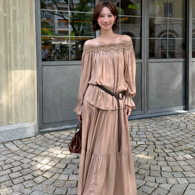 オフショルダーカットソー×ロングスカートセット(2colors)