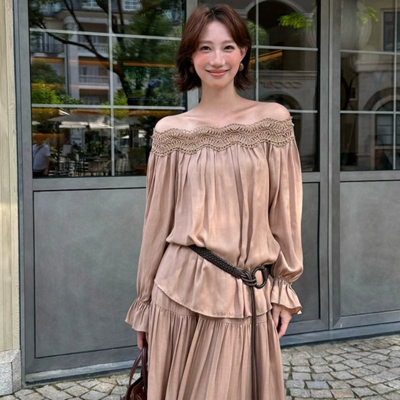 オフショルダーカットソー×ロングスカートセット(2colors)