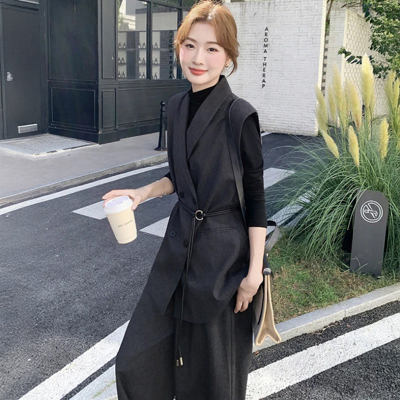 スリーブレスジャケット×トップス×ワイドパンツ3点セット