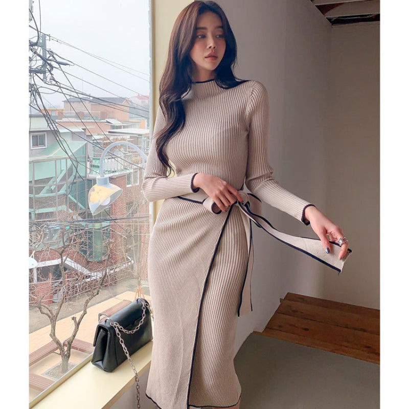 バイカラーラインミドルネックワンピース(2colors)