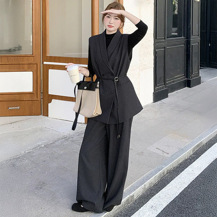 スリーブレスジャケット×トップス×ワイドパンツ3点セット