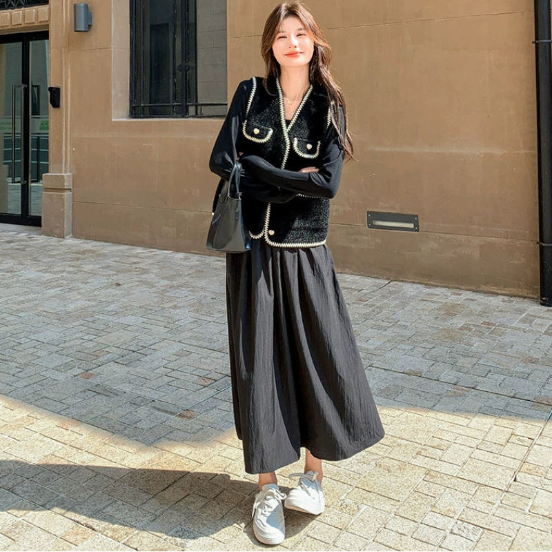 ツイードベスト×異素材切り替えワンピース