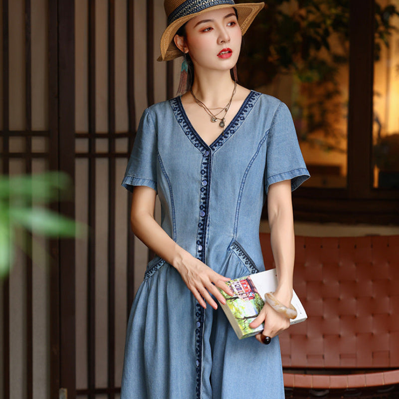 パイピングラインデニムワンピース （ライトブルー） 春/夏/秋 M～4XL