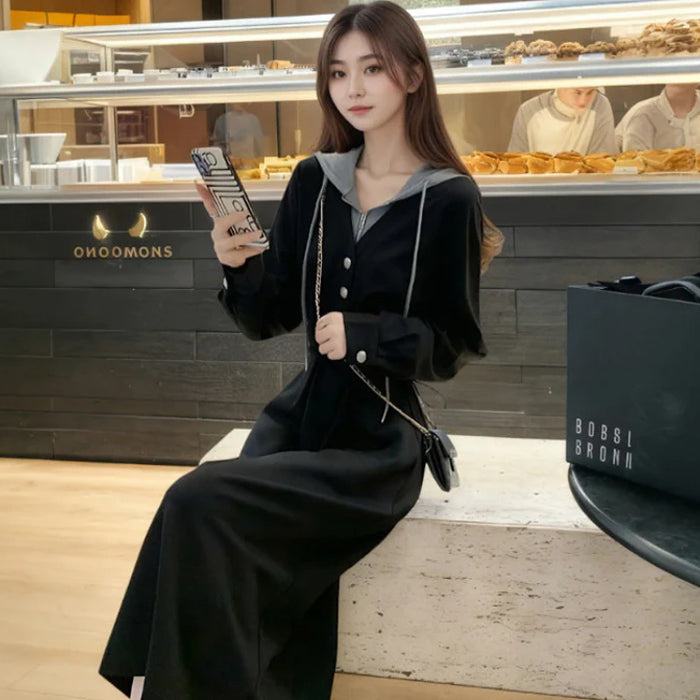 パーカーレイヤードニットワンピース