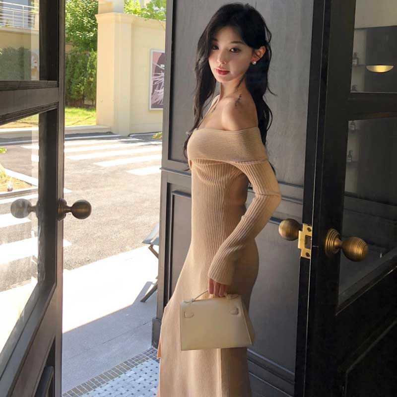 オフショルダーリブニットワンピース