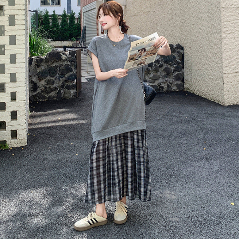 グレーカットソードッキングチェックスカートワンピース
