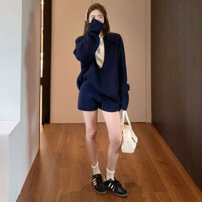 Vネックオーバーサイズニット×ショートパンツ(3colors)（灰・紺）秋/冬