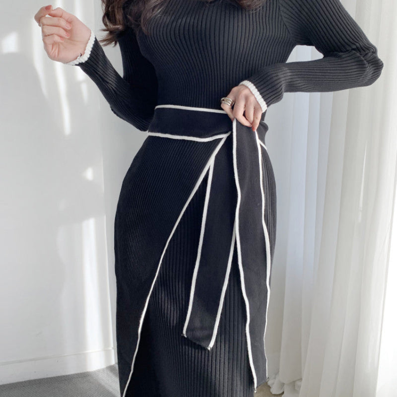 バイカラーラインミドルネックワンピース(2colors)