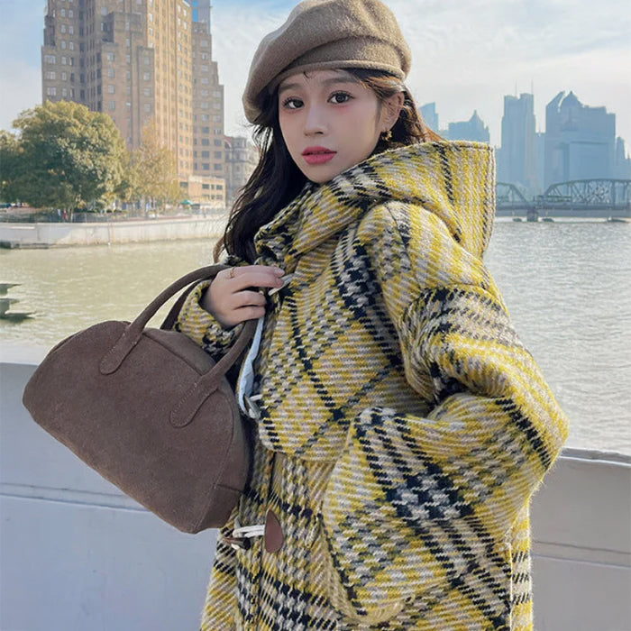 イエローチェックダッフルコート (黄・黒) 秋/冬/春 大人可愛い