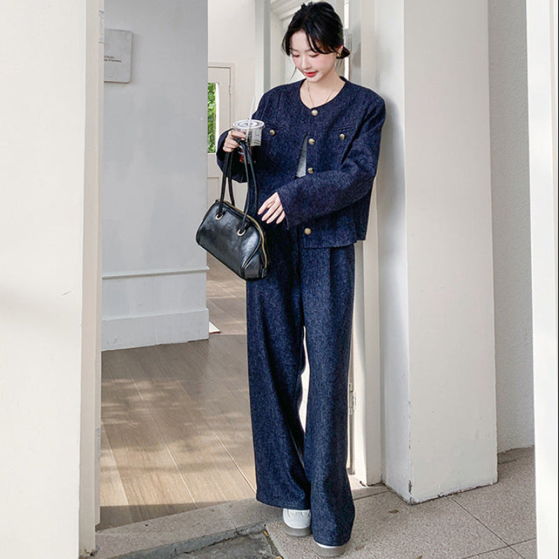 ノーカラージャケット×ワイドパンツセット（紺）秋/春 スタイルを