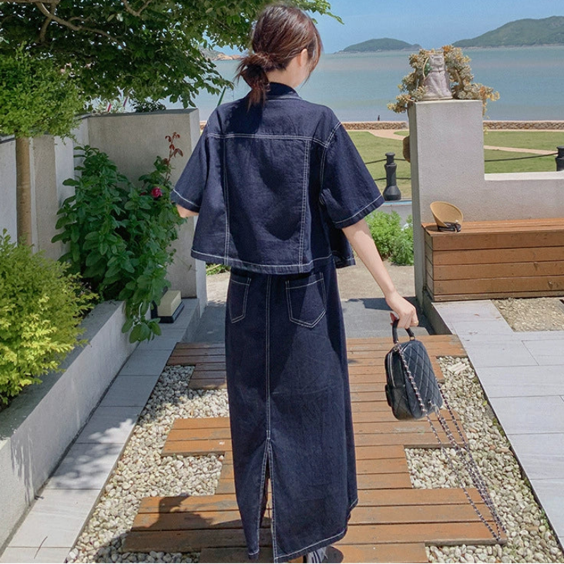 デニムシャツ×スカートセットアップ