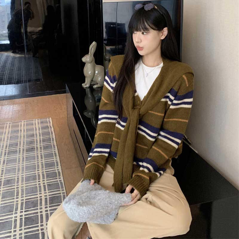 ショール付きボーダーカーディガン