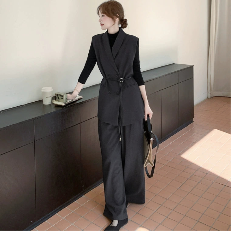 スリーブレスジャケット×トップス×ワイドパンツ3点セット