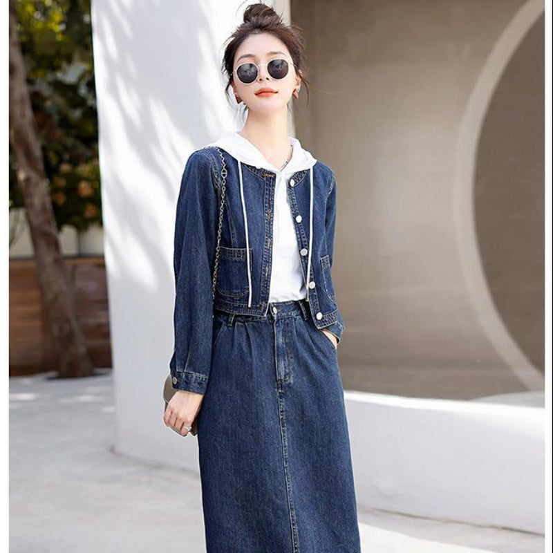 デニムノーカラージャケット×スカートセットアップ (紺) 秋/冬/春 大人