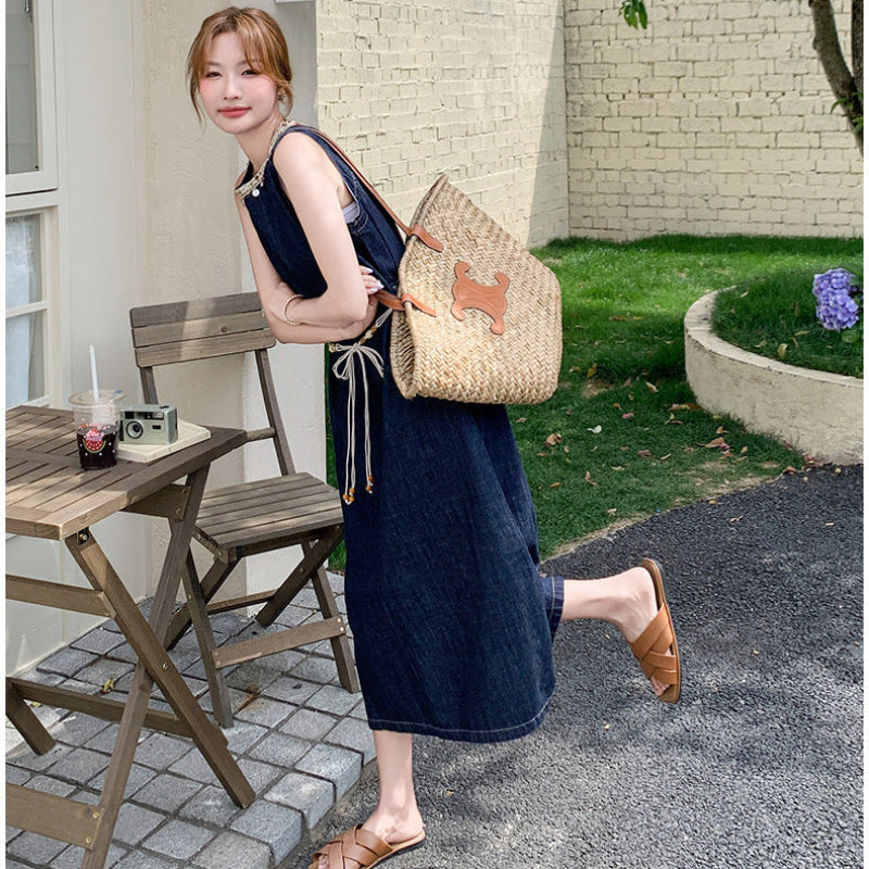 ノースリーブワンピース ネイビー ☆  Jeans ネックデザインノースリーブデニムワンピース（紺）夏