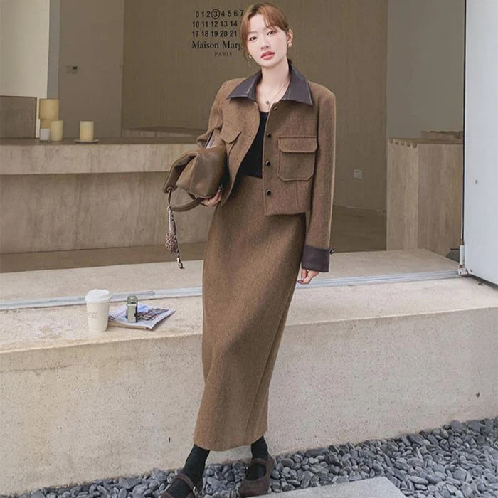 モカブラウンウールジャケット×スカートセットアップ