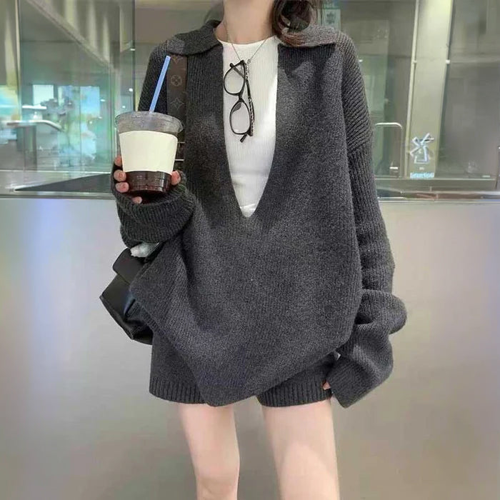 Vネックオーバーサイズニット×ショートパンツ(3colors)