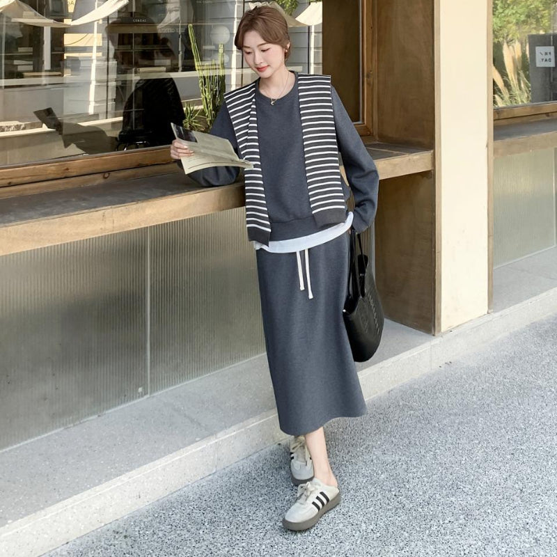 ボーダーショール付きスウェット×スカートセットアップ(2colors)