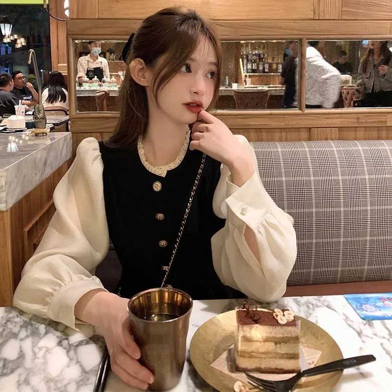 パフスリーブ切替ロングワンピース