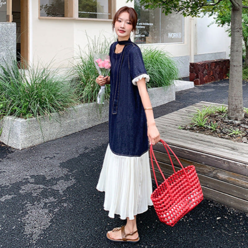 シフォン切り換えデニムワンピース