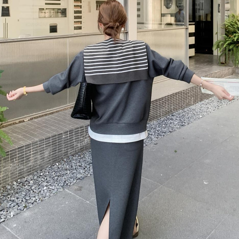 ボーダーショール付きスウェット×スカートセットアップ(2colors)