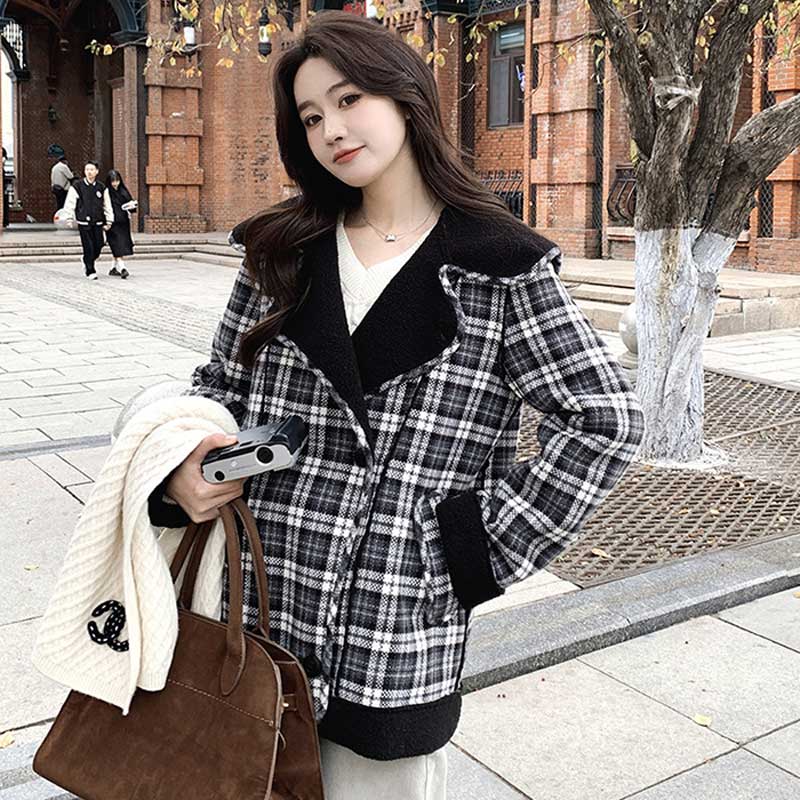 ボア裏ビッグカラーチェックコート