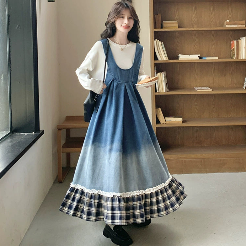 トリムチェックデニムジャンパースカート