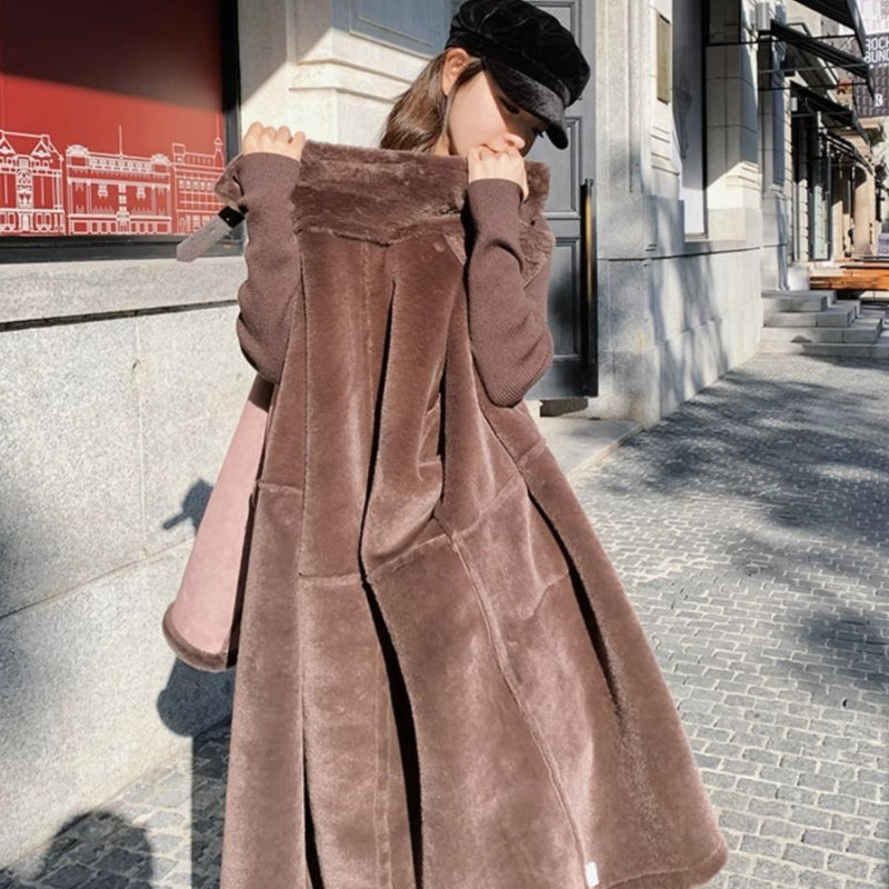 ファー付きダークブラウン　ムートン　ロングコート⭐︎パリ百貨店購入 ムートンジャケットダークブラウン