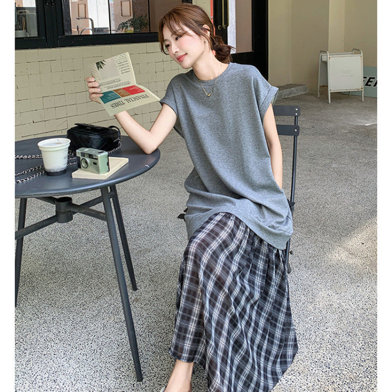 グレーカットソードッキングチェックスカートワンピース